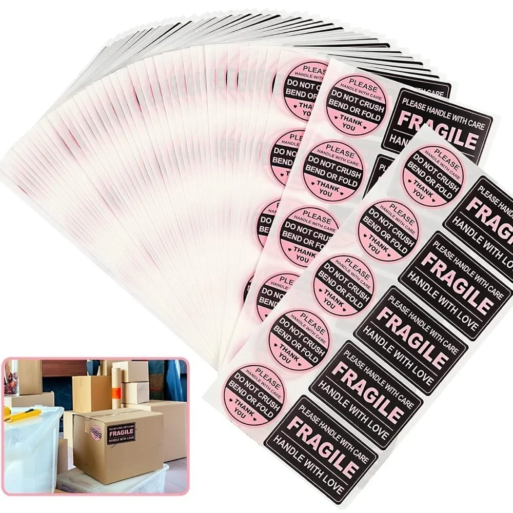 Count of 100 - Fun, Neon Pink + Black Rectangular + Circular FRAGILE Stickers